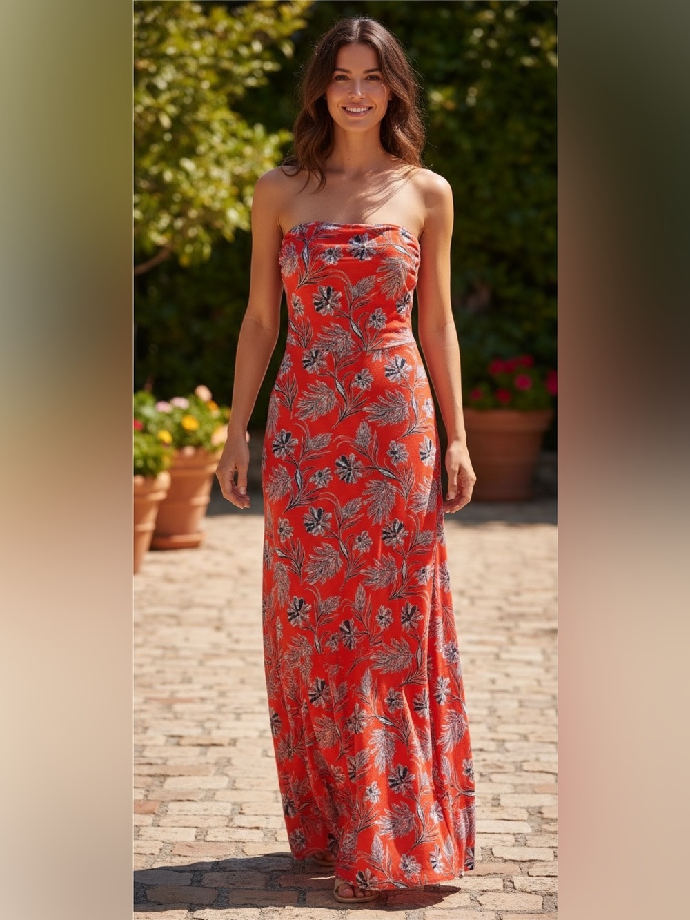 Banana Republic Strapless Red Floral Maxi Dress -